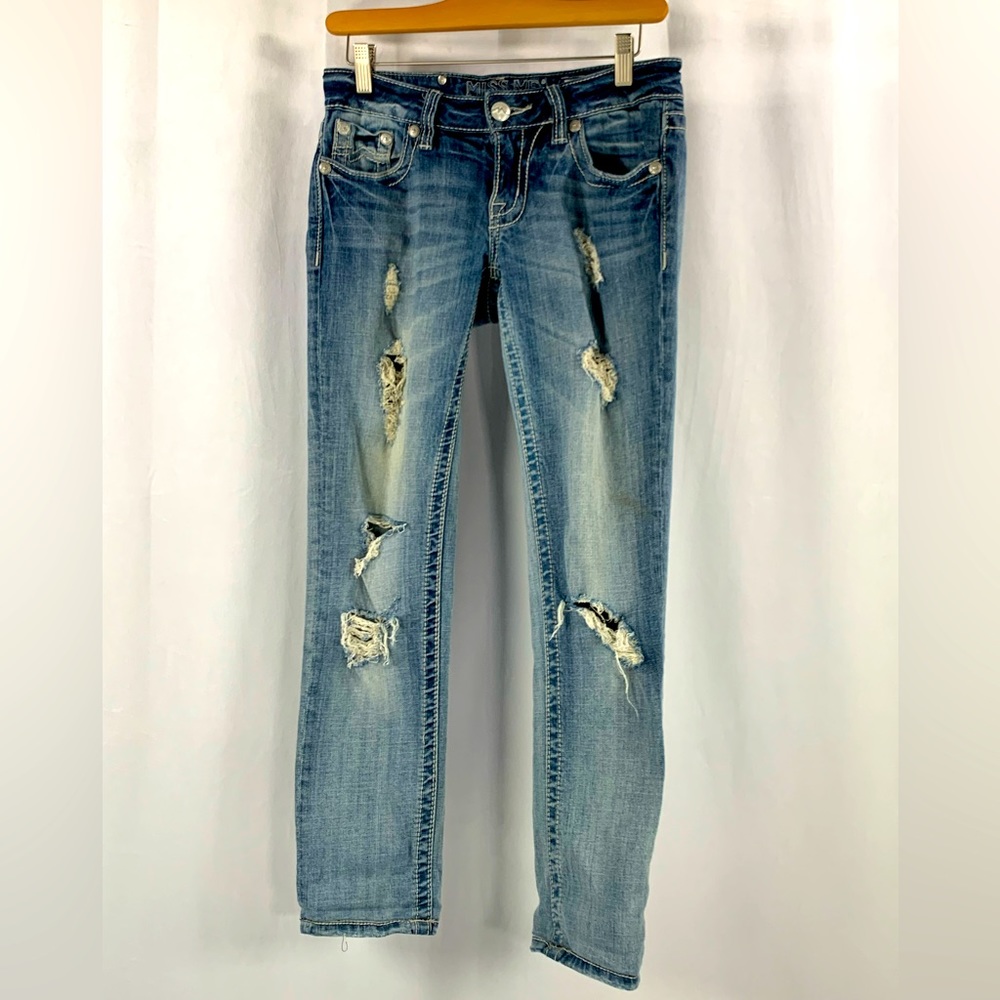 Miss Me Ankle Skinny Distressed Low Rise Blue Destroyed Jeans Size 27